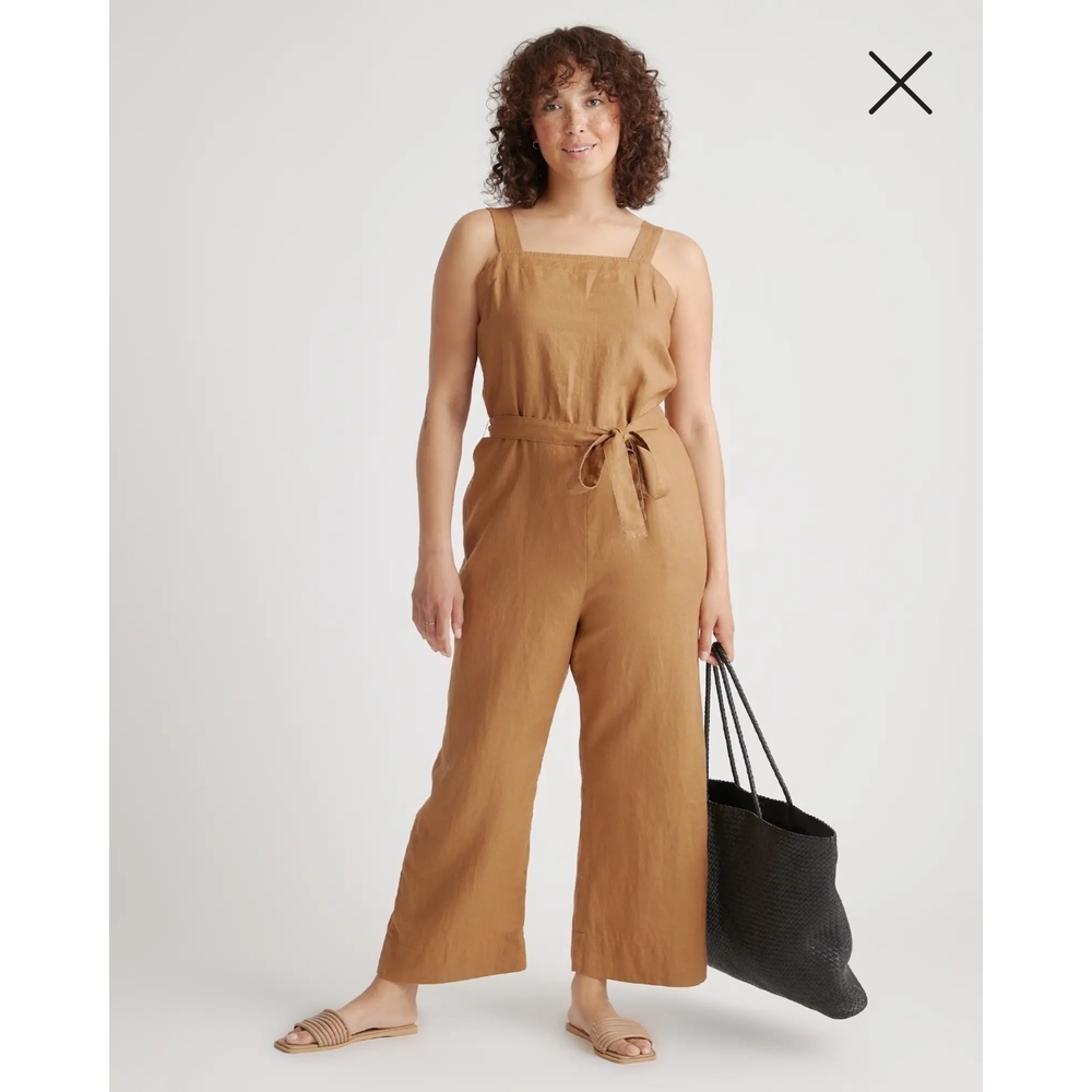 New Quince 100% European Linen Square Neck Jumpsuit Overalls| Golden Brown| XS